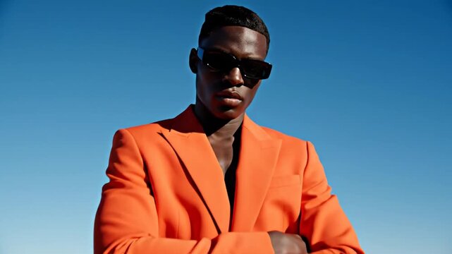 A confident individual in an orange suit and sunglasses, against a bright, clear blue sky