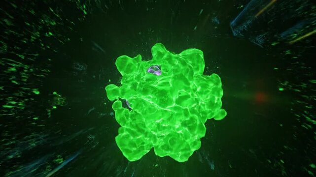 Green glowing cell 3D render with lumpy organic shape and motion blur particles on dark background for scientific presentation and medical poster