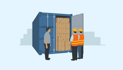 Workers inspecting cargo inside a blue shipping container filled with cardboard boxes.