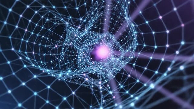 Abstract digital network tunnel with glowing lines and dots moving through space