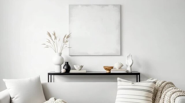 Modern living room interior with cozy white sofa, decorative pillows, and a minimalist console table adorned with vases, books, and abstract art on a neutral wall background