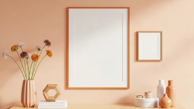 Modern interior design with wooden frames on pastel wall featuring decorative vases and flowers on wooden shelf creating a warm and inviting atmosphere in a contemporary living space