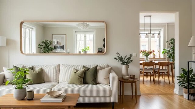Modern living room interior with elegant decor, featuring a comfortable sofa, stylish coffee table, large mirror, and dining area in the background with natural light and wooden flooring