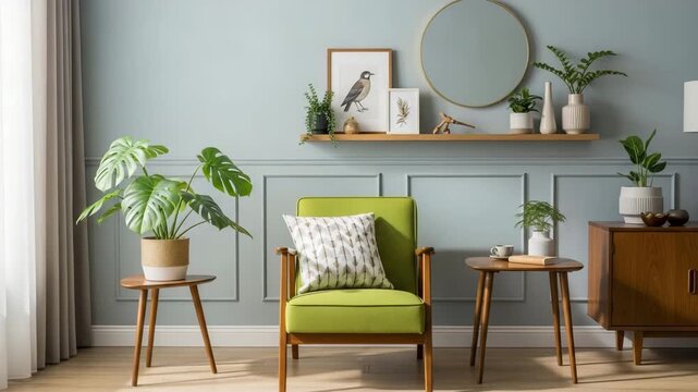 Stylish midcentury modern living room interior with green armchair, wooden furniture, decorative plants, and art on blue wall creating a cozy and inviting atmosphere in natural light