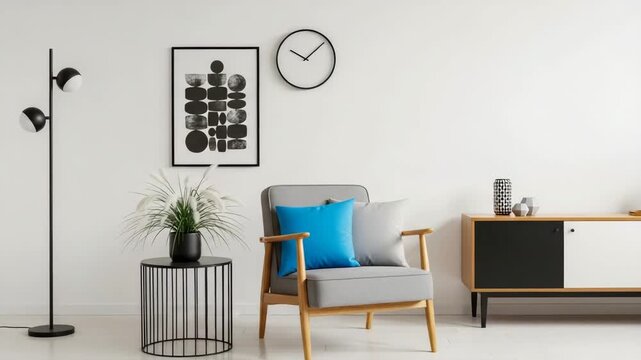 Modern living room interior with stylish furniture, including a gray armchair with blue and gray cushions, a black floor lamp, and a wooden sideboard against a white wall with decor