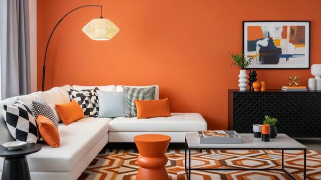 Modern living room interior with vibrant orange accent wall, stylish furniture, geometric patterned rug, and contemporary decor elements creating a cozy and inviting atmosphere