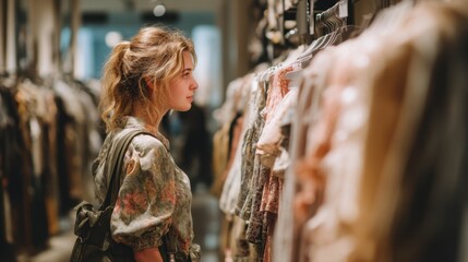 Obraz premium A woman stands in a clothing store in the evening looking at different pieces of clothing on hangers. She appears focused on her shopping experience as she explores the options available.