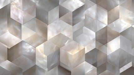 Translucent pearl cubes create geometric 3D background for technology branding and corporate presentation. Minimal structure supports fintech advertising, architecture visualization, packaging mockup 