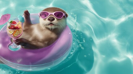 Otter relaxes on inflatable ring in turquoise pool holding tropical cocktail with citrus and berries. Summer vacation concept, resort advertising, travel marketing, beverage promotion