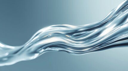 Flowing metallic liquid forms dynamic chrome wave for technology branding and futuristic design. Abstract 3D render supports fintech advertising, innovation presentation, corporate banner and digital 