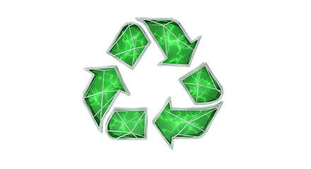 Obraz premium Green stylized recycling symbol with internal electric/fractal lines on black