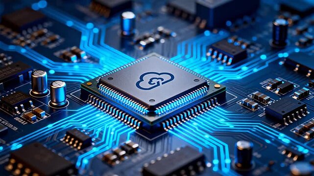Closeup of a circuit board with cloud icon