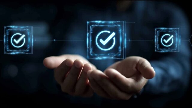 Quality assurance. Quality benchmark. Process consistency. Testing governance. Process consistency. Hands holding holographic check symbols in a dark setting.