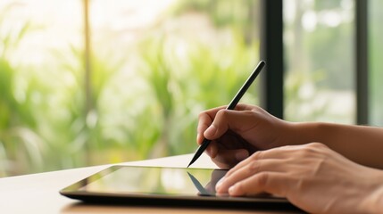 A person signing digital tablet with stylus for online contract and electronic signature. Fintech, legal tech, remote workflow and business transaction. Paperless documentation, secure authentication