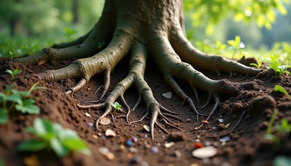 Close-up Detailed View of Exposed Tree Roots Spreading into Rich Brown Soil amidst Lush Green Foliage Sunlight