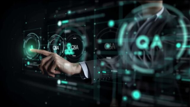 Quality assurance. Quality benchmark. Process consistency. Testing governance. Process consistency. A person interacting with a digital Q&A interface.