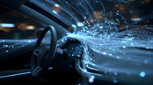 Future Smart Car Interior with Dynamic Blue Data Streams and Digital Cockpit