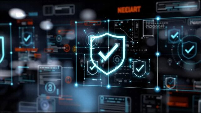 Quality assurance. Quality benchmark. Process consistency. Testing governance. Process consistency. Digital security interface displaying a shield symbol with checkmark.