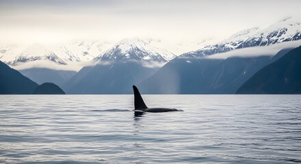 Obraz premium Silhouette of Orca Fin against Misty Snow Capped Mountains
