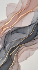 Flowing abstract composition features delicate waves of dusty rose and slate gray mingled with shimmering golden accents