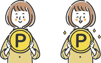 ポイントのコインを持つ女性　上半身　ベクター