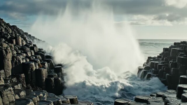 Ocean waves crashing against hexagonal rock formations