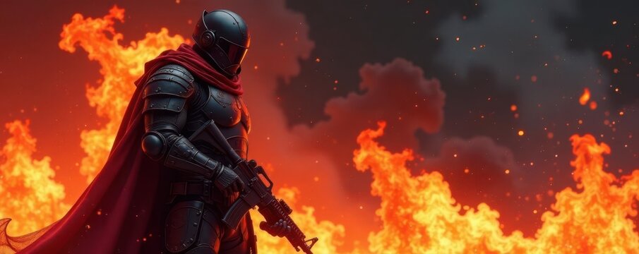 Burning background, armored figure, weapon drawn, history, powerful