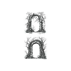 Fototapeta premium Vintage woodcut illustration of an ancient stone archway covered in vines and surrounded by twisted trees, hand-drawn engraving style for fantasy and nature themes.