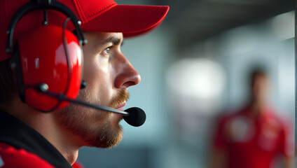 Obraz premium Professional race engineer wearing red racing cap, radio headset, microphone, pit lane or control room - motorsports, pit crew communication, pit wall engineering, sports broadcast