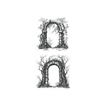 Vintage woodcut illustration of an ancient stone archway covered in vines and surrounded by twisted trees, hand-drawn engraving style for fantasy and nature themes.