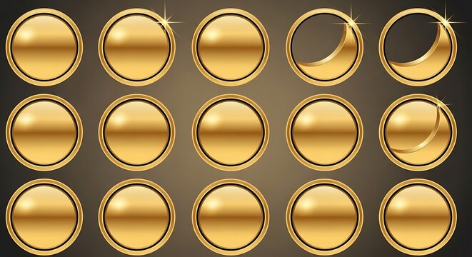 Golden circular buttons and icons on a dark background for design projects