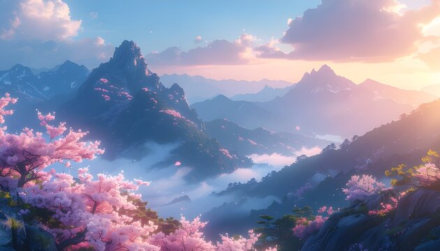 Mystical Mountain Landscape with Cherry Blossoms Sea of Clouds and Sunset