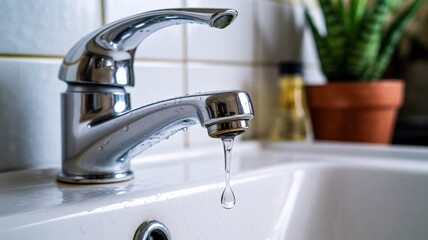 Leaking faucet with water drop falling in sink