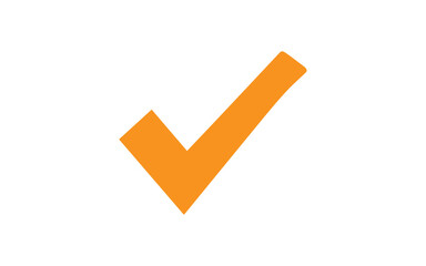 A thick orange checkmark graphic stands prominently isolated on a clean white background indicating selection or satisfactory. © haider