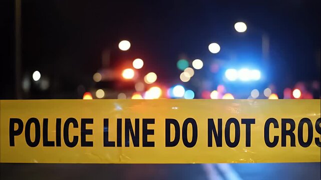 Police line tape blocks access at night, crime scene investigation underway.