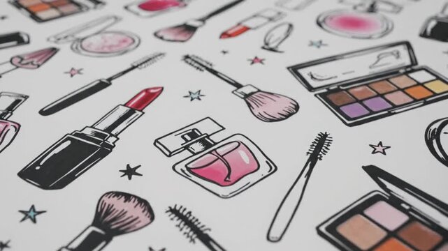 Hand-drawn makeup product illustrations forming a beauty pattern