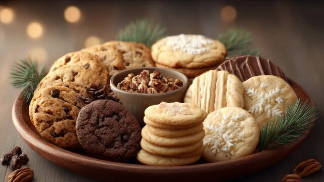 Assorted festive holiday cookies on red plate with pine garnish and plaid cloth. Classic Holiday Cookie Platter, concept of Christmas dessert treats
