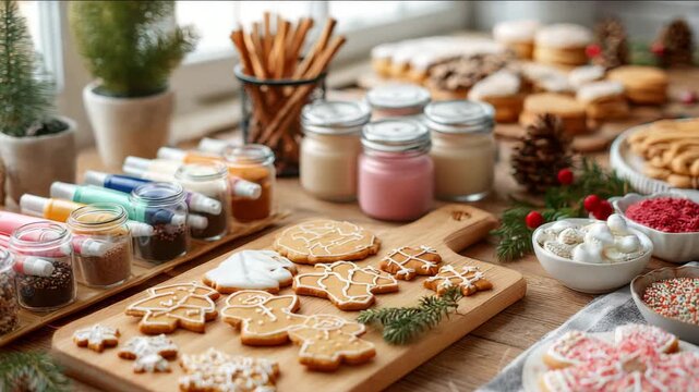 Christmas cookies and icing tools arranged on rustic wooden holiday kitchen table. cookie decorating station with various icing tubes, sprinkles, and cookie shapes ready for decorating