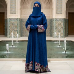 Woman in Navy Blue Abaya Standing Near Fountain in Courtyard