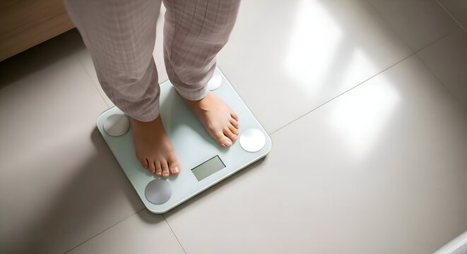 Close-Up of Feet on Digital Bathroom Scale for Body Weight Measurement