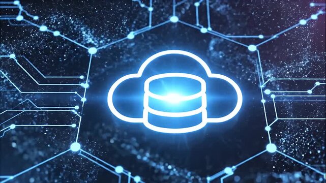 Cloud database storage with blue glowing lines in a digital technology environment.