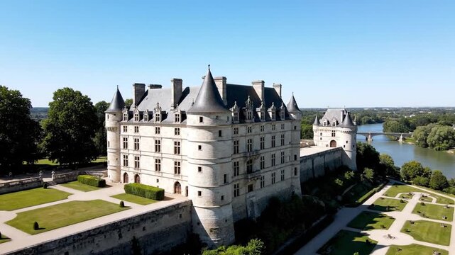 Historic French ch&acirc;teau with formal gardens by a wide river