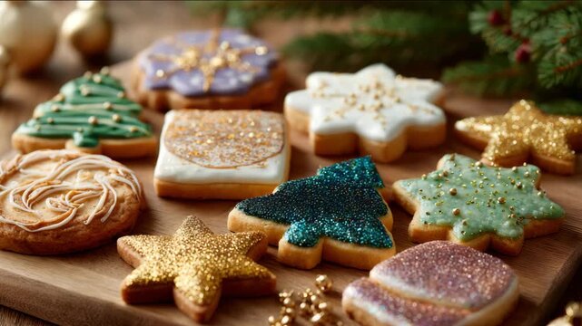 Festive holiday cookies. Christmas cookies decorated with edible glitter and shimmer effects. Christmas Cookie Decorating, concept of holiday treats