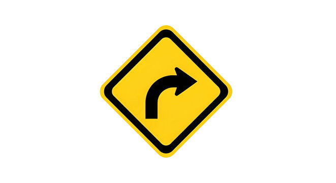 Road sign Diamond-shaped, yellow, black arrow indicating a right turn