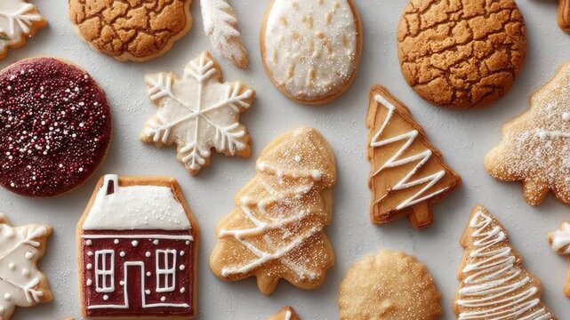 Christmas cookies with festive icing decorations on fabric surface close-up view. Christmas Cookie Decorating, concept of holiday treats