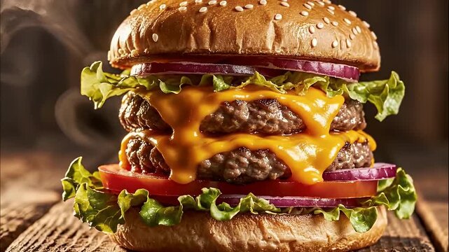 Close-up of a double cheeseburger with lettuce, tomato, and onion on a wooden table.