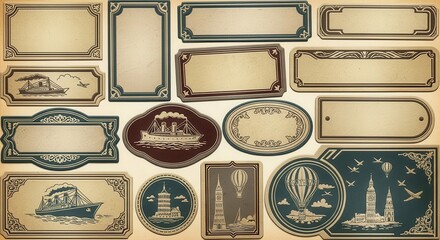 Collection of vintage style rectangular and decorative blank labels with travel motifs featuring ships and architecture