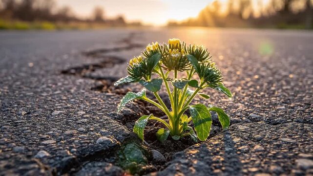 Golden hour illuminates a tenacious green plant, pushing through fractured asphalt, a vivid metaphor for nature's relentless determination and enduring power of growth
