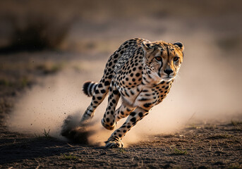Cheetah Sprinting Across Dusty Ground in Golden Light, Demonstrating Speed and Focus