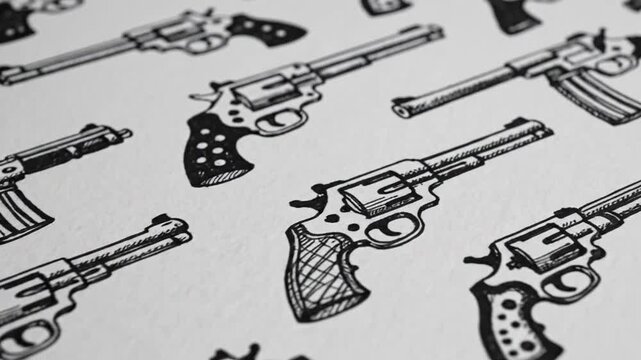 Hand-drawn gun illustrations pattern on white paper background